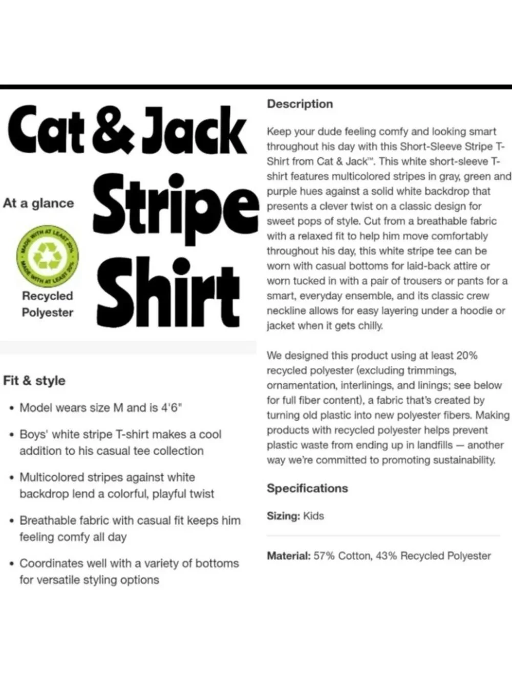 Cat & Jack S 6/7 Boys T-shirt Stripe Lightweight Short Sleeve Top Classic